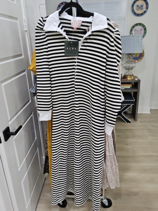 Buru Dresses & Skirts - Striped Polo Collar Maxi Dress — Black & White